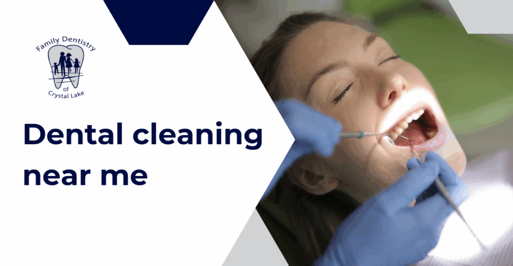 Looking for Dental Cleaning Near Me? 40 Woman receiving dental cleaning from a gloved dentist in a professional setting.