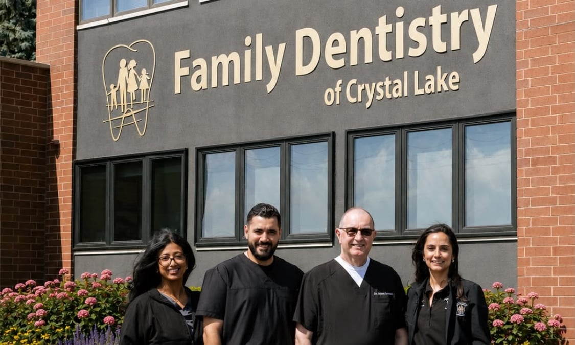 Dental team standing outside the Family Dentistry of Crystal Lake office